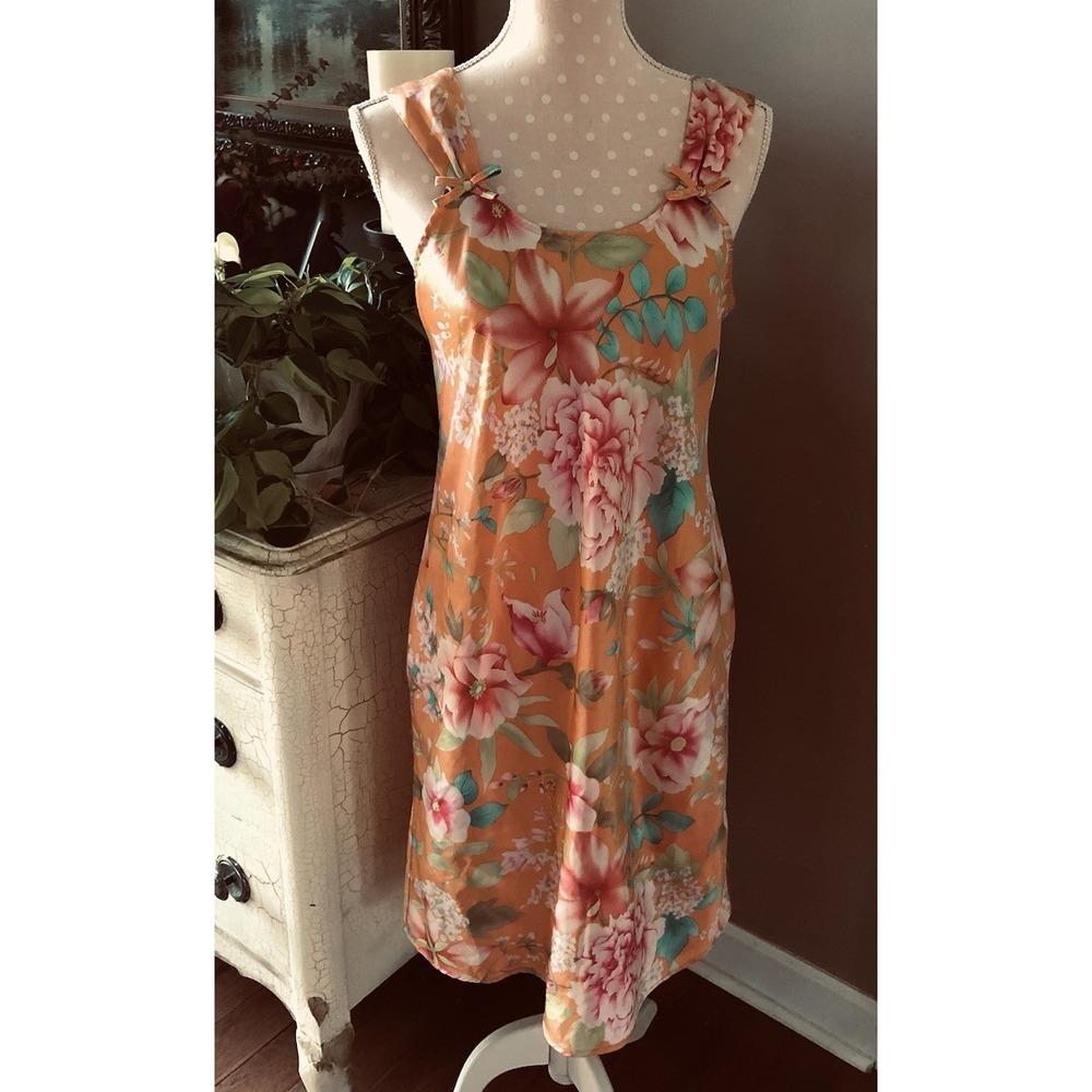 Vtg Satin Nightgown Slip Dress Orange Floral Pink K Mart Size Small